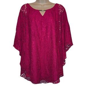 SIMPLY EMMA Woman-plus 3x Magenta Jewel tone Lace/Crochet Line Blouse Poncho Top
